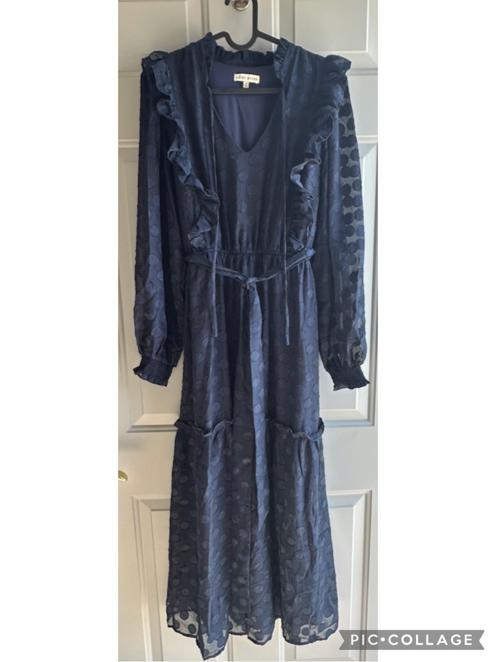 Navy Ruffle Long Sleeve Midi Dress